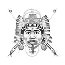 A Chicano style art of a Mexican wearing a traditional Aztec headdress, with a Catholic rosary wrapped around their wrist and a snake coiled around their arm. tattoo design idea