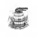 oak barrel with lever action rifle leaning against it and a old mining latern on top tattoo design idea
