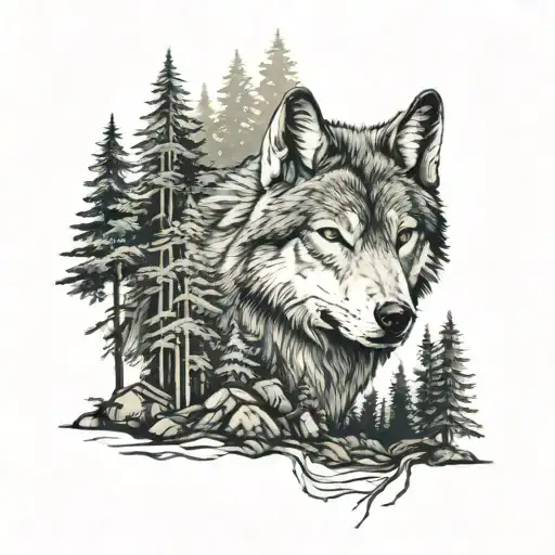 Forest and wolf tattoo design idea