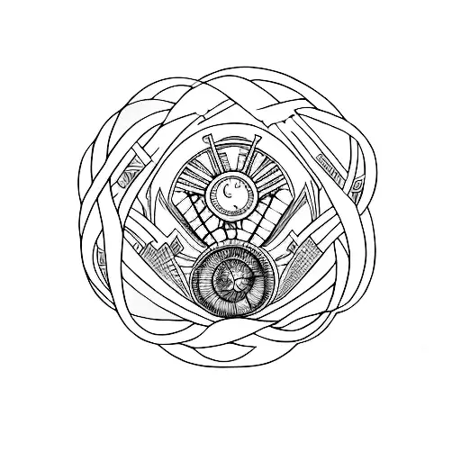 A minimalist tattoo of the Voynich manuscript intertwined with a spaceship tattoo design idea
