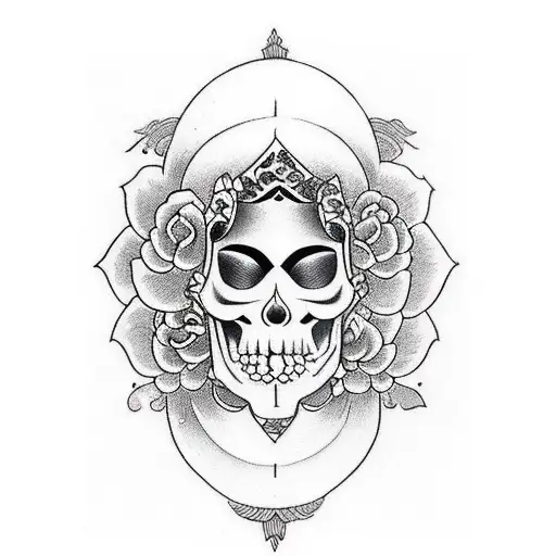 a beautiful woman half face with skull and justice balance tattoo design idea