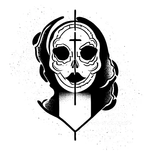 a beautiful woman half face with skull and justice scale tattoo design idea