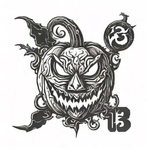 A creepy jack-o-lantern with the number 13 carved into its face tattoo design idea