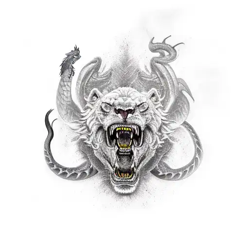 A roaring lion with a serpent tail and dragon wings tattoo design idea
