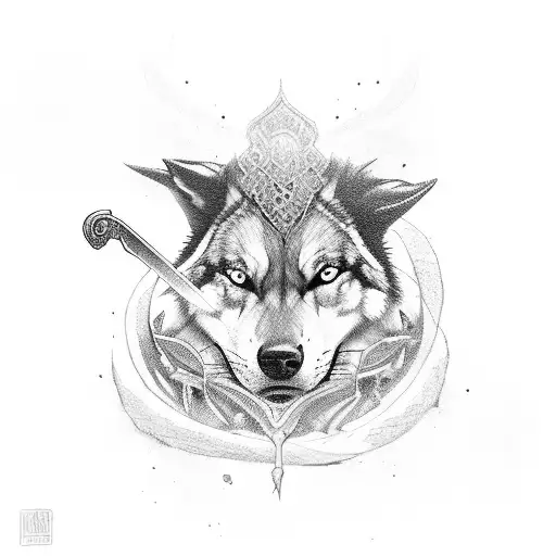 A gangster holding a sword, surrounded by a pack of wolves and a coiled snake tattoo design idea