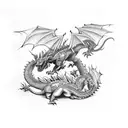 A fierce dragon fighting a knight in a medieval battlefield tattoo design idea