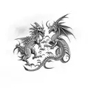 A fierce dragon fighting a knight in a medieval battlefield tattoo design idea