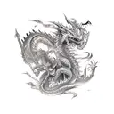 A fierce dragon fighting a knight in a medieval battlefield tattoo design idea