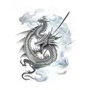 A fierce dragon fighting a knight in a medieval battlefield tattoo design idea