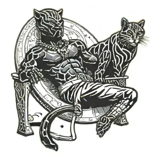 A star bar on the moon relaxing with his pet black panther looking like he’s determined to accomplish every goal he’s ev tattoo design idea