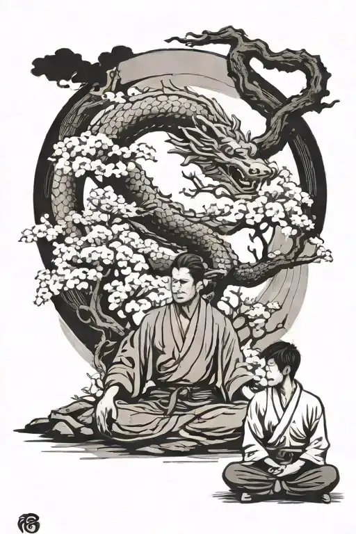 karateka meditating in front of a sakura tree with a japanese dragon behind tattoo design idea