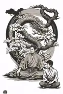 karateka meditating in front of a sakura tree with a japanese dragon behind tattoo design idea
