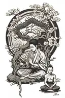 karateka meditating in front of a sakura tree with a japanese dragon behind tattoo design idea