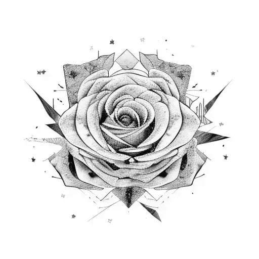 An abstract black and grey design of a dancer's silhouette intertwined with sunflowers and roses, with stars scattered around tattoo design idea