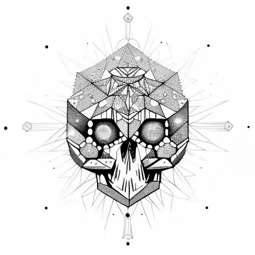 An animal skull made of crystals and gemstones, floating in space with celestial bodies and geometric constellations tattoo design idea