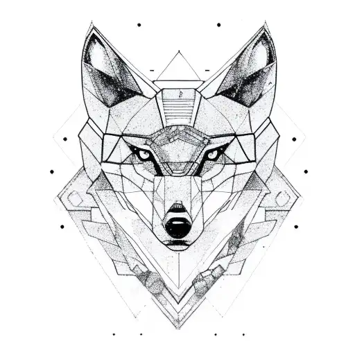 A geometric wolf with steampunk elements perched on a rocky formation tattoo design idea