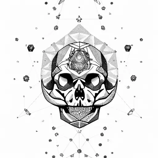 A skull made of crystals and gemstones, floating in space with celestial bodies and geometric constellations tattoo design idea