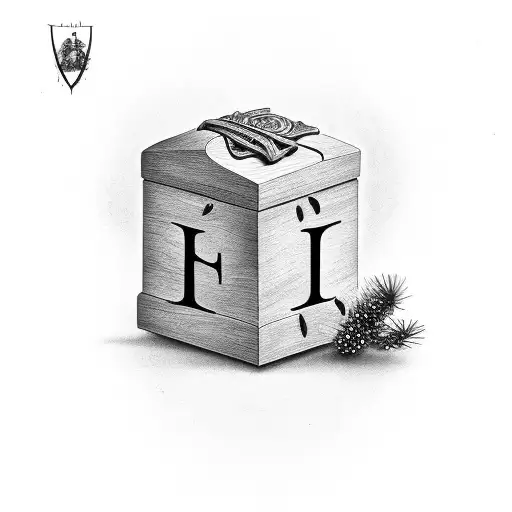 A tradition pine coffin with the letters ECV subtly integrated in the design tattoo design idea