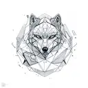 A geometric wolf with steampunk elements perched on a rocky formation tattoo design idea
