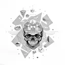 A skull made of crystals and gemstones, floating in space with celestial bodies and geometric constellations tattoo design idea