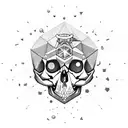 A skull made of crystals and gemstones, floating in space with celestial bodies and geometric constellations tattoo design idea