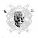 A skull made of crystals and gemstones, floating in space with celestial bodies and geometric constellations tattoo design idea