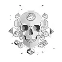 A skull made of crystals and gemstones, floating in space with celestial bodies and geometric constellations tattoo design idea