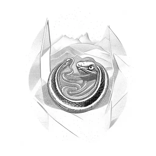 An abstract design of a snake morphing into a mountain range, with a football hidden in the design tattoo design idea