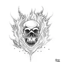 A skull engulfed in flames, with holy scrolls emerging from the fire, as if they were being forged tattoo design idea
