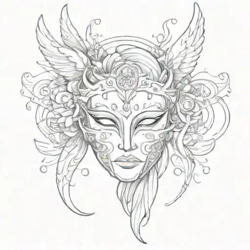  a mask without anyone wearing （harmony theme). Add a angel's halo on the top. tattoo design idea