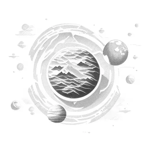 sketch in the shape of a planet without boundaries. there sould be mountains and ocean tattoo design idea