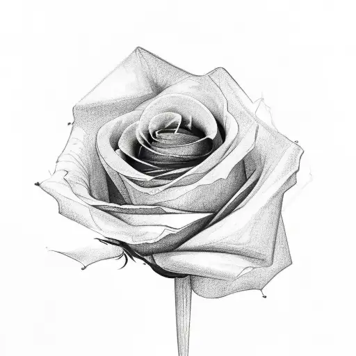 a black and white line drawing of a single rose wrapped in a plastic cellophane cone (tattoo) tattoo design idea