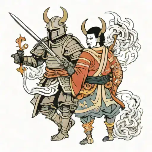 knight and devil wears a suit tattoo design idea