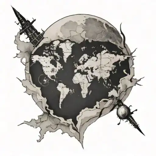 A moon with a map of the world etched onto it, symbolizing the geographer's love for both space and geography tattoo design idea