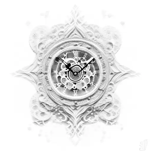 biomechanical clock with filigree and roses tattoo design idea