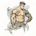 muscular boy in asymmetrical clothes tattoo design idea