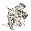muscular boy in asymmetrical clothes tattoo design idea