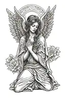 tatoo project, black and white, crying Maria, kneel, angel wings tattoo design idea