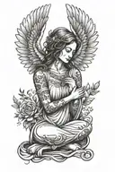 tatoo project, black and white, crying Maria, kneel, angel wings tattoo design idea