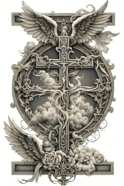 cross with the word angel in the middle with clouds and angels on the outside  tattoo design idea
