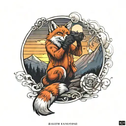 A fox photographer capturing a stunning sunset over the mountains tattoo design idea