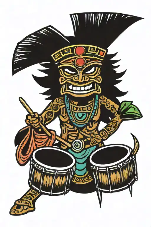 tiki mask drummer playing a drum tattoo design idea