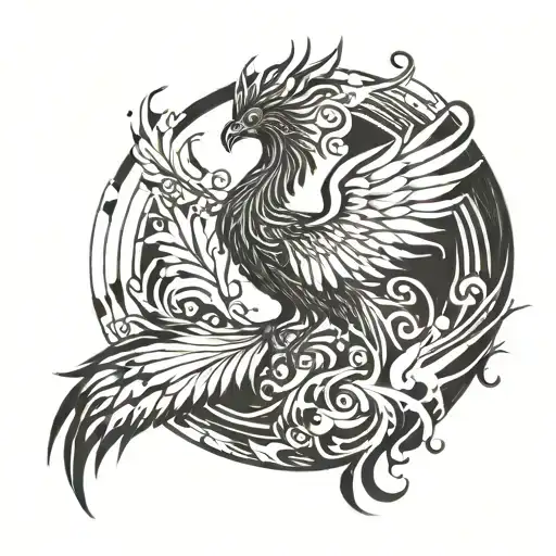 An abstract design combining a phoenix, liver, and survivor symbol in a blackwork style tattoo design idea