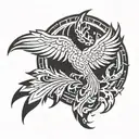 An abstract design combining a phoenix, liver, and survivor symbol in a blackwork style tattoo design idea