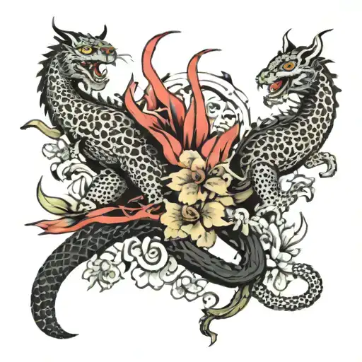 dragon fighting with samurai a leopard with parrots and on the wrist the all-seeing eye surrounded by plants and an orchid tattoo design idea