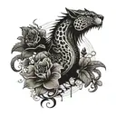 dragon fighting with samurai a leopard with parrots and on the wrist the all-seeing eye surrounded by plants and an orchid tattoo design idea