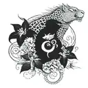 dragon fighting with samurai a leopard with parrots and on the wrist the all-seeing eye surrounded by plants and an orchid tattoo design idea