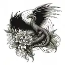 dragon fighting with samurai a leopard with parrots and on the wrist the all-seeing eye surrounded by plants and an orchid tattoo design idea