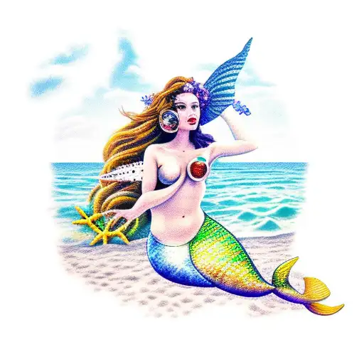 A new-school tattoo of a beautiful mermaid holding a Geiger counter at the beach tattoo design idea