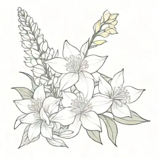 delphinium, Daffodils, daisy bouquet wrapped tattoo design idea